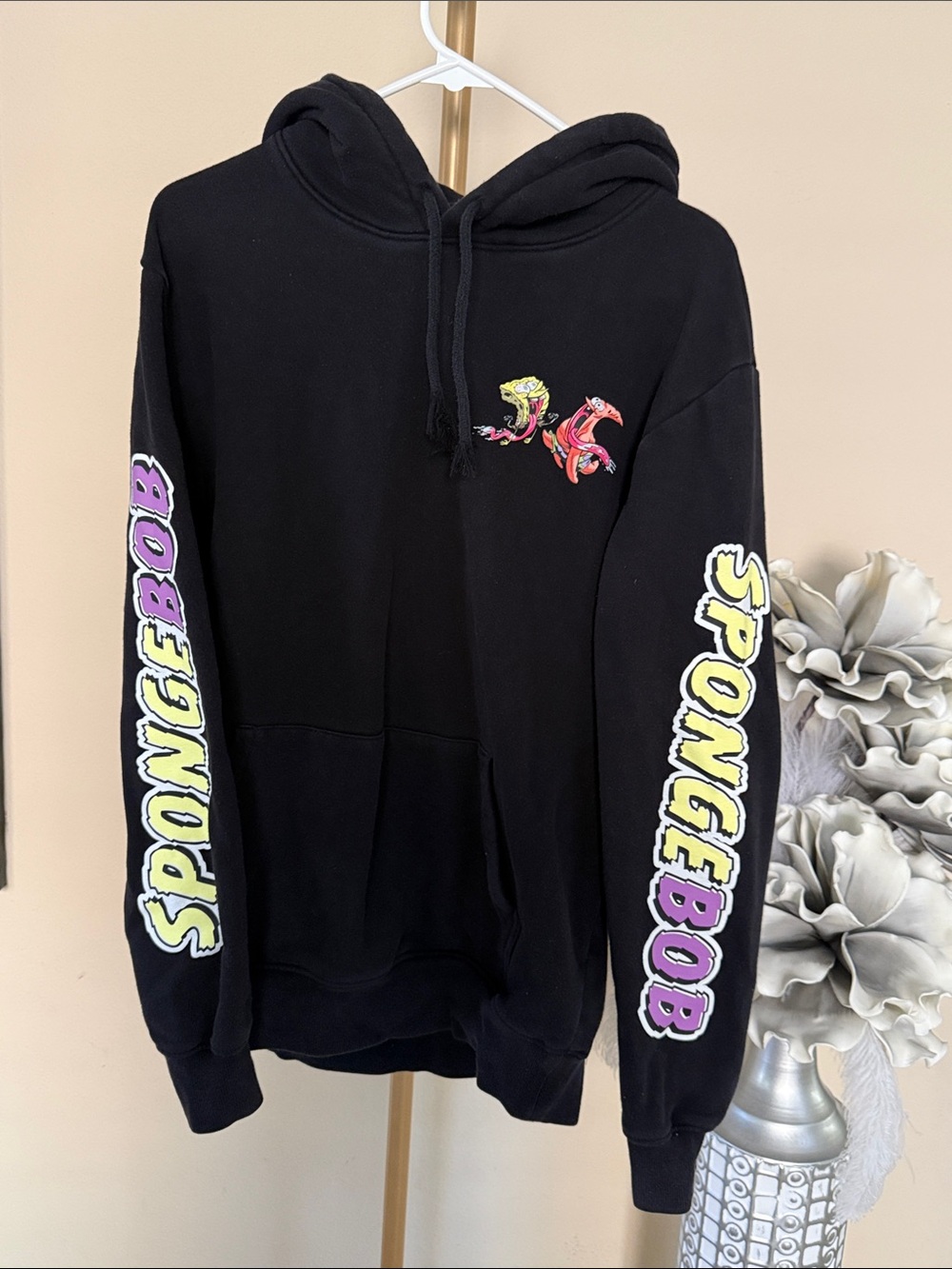 Source Unknown Black Hoodie with Yellow & Purple Sleeve Graphics